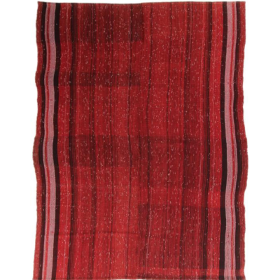 Handvävd kelim i starkt röd med svarta och vita ränder samt fina melerade accenter.